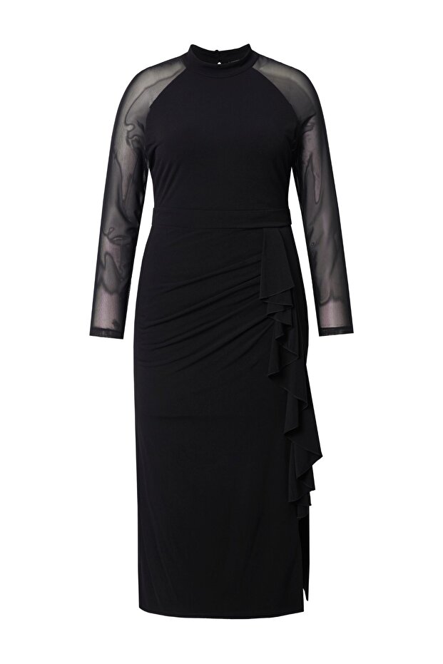 Women's Plus Size Black, Mesh Sleeve Flounce Dress 65N39215