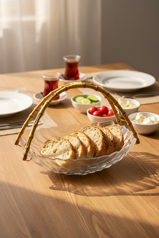 طبق تقديم مستطيل من الزجاج مع مقابض من الخيزران ونمط منقوش - 5