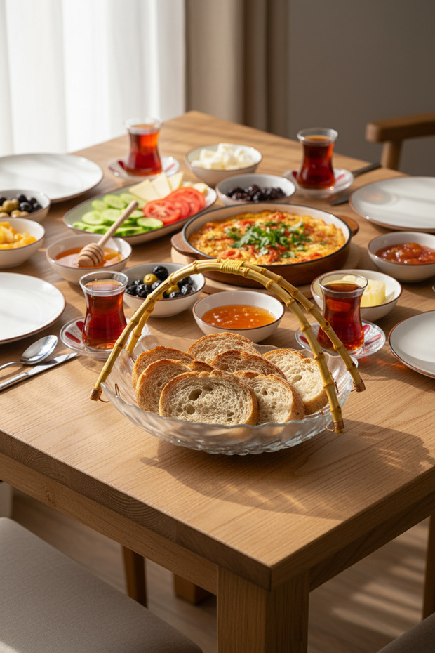 طبق تقديم مستطيل من الزجاج مع مقابض من الخيزران ونمط منقوش - 6