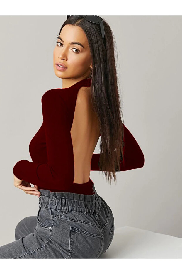 Women's Burgundy Backless Crew Neck Long Sleeve Silk Jersey Snap Fastener Gathering Bodysuit