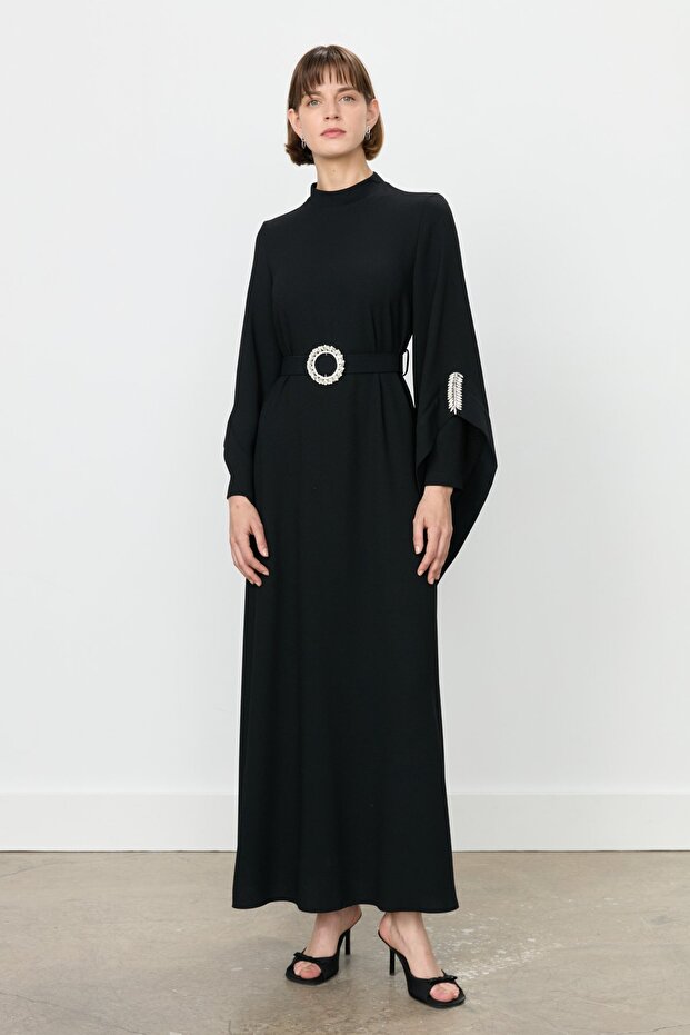 Sleeve Detailed Stone Belted Dress Black