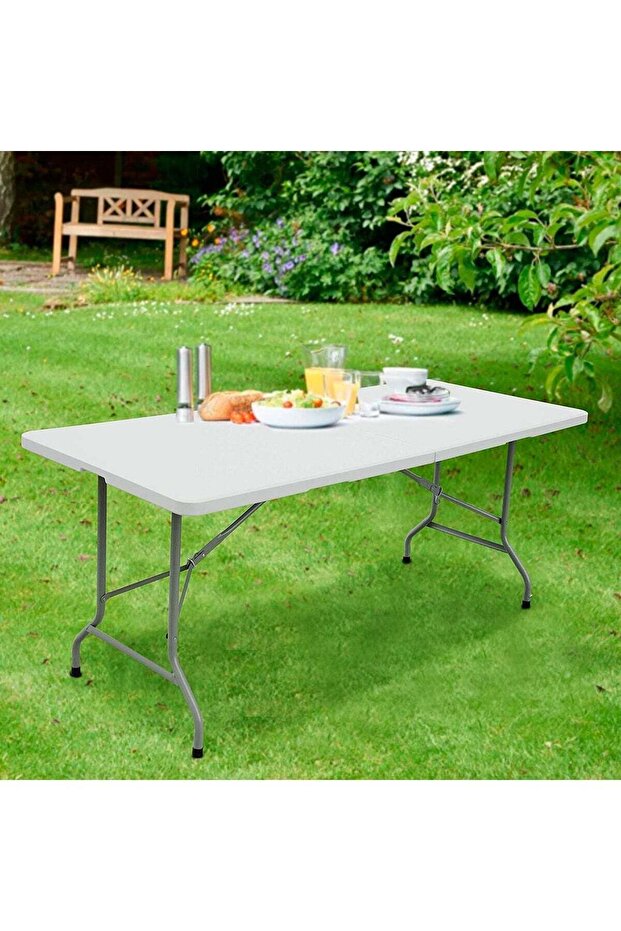 6 Foot Plastic Folding Table - White Resin with Steel Frame, Folds in Half with Carry Handle
