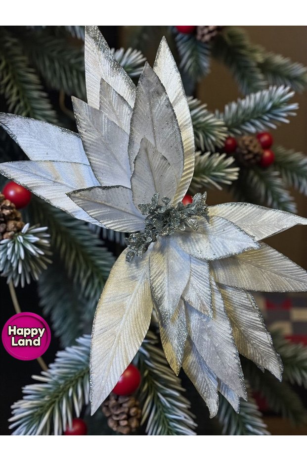Christmas Ornament Artificial Glitter Daisy Poinsettia Silver 60 cm Large Size Poinsettia Hpy26082