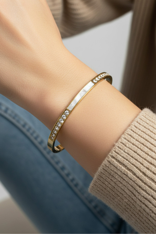 Steel Thin Pearlescent Stone Women's Handcuff Bracelet – 18 cm Handcuff Bracelet |   Non-Tarnish Women's Jewelry