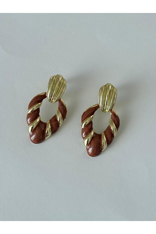 Vintage Stripe Drop Brown Gold Brass Earrings