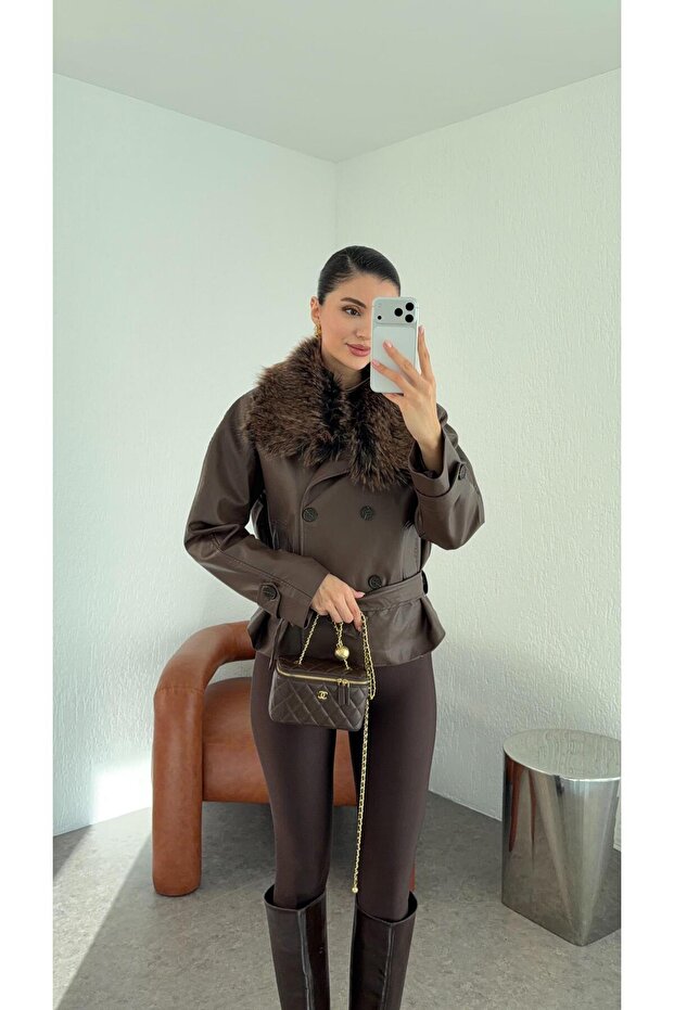 Brown Leather Jacket with Shearling Lining - 1