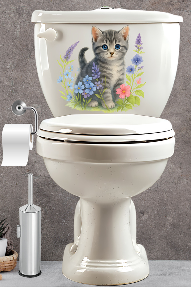 Toilet Seat Sticker Cute Cat and Flower Pattern Waterproof Removable Bathroom Decor