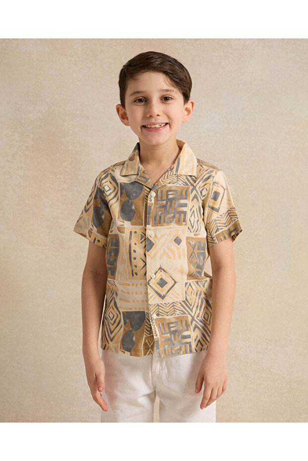 Boys Beige Printed Shirt