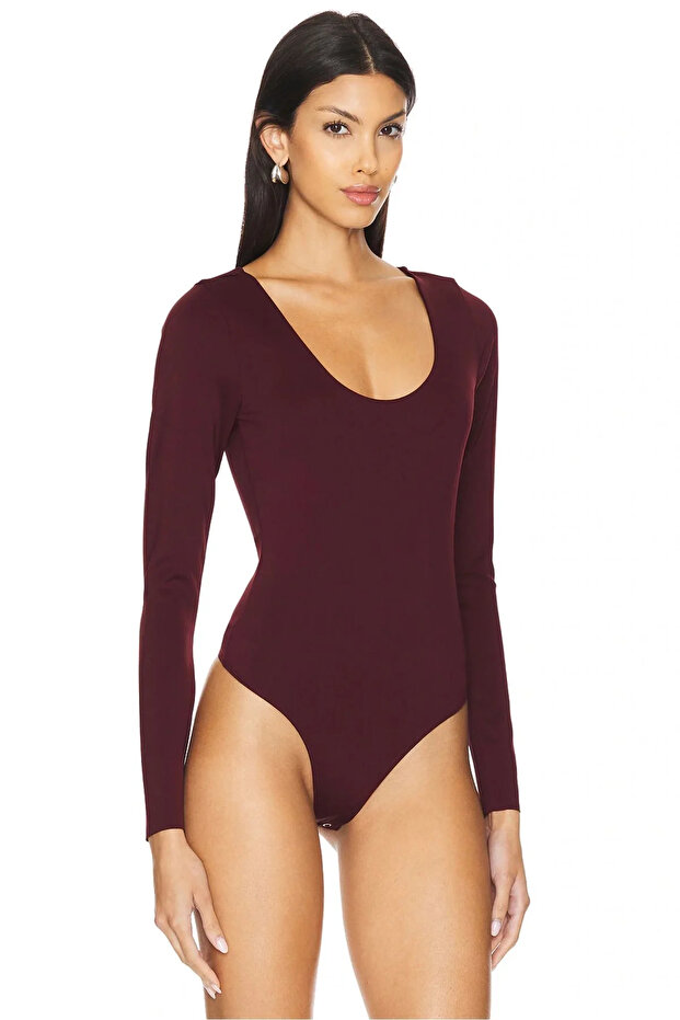 Women's Burgundy Long Sleeve U Neck Silk Jersey Bodycon Basic Bodysuit