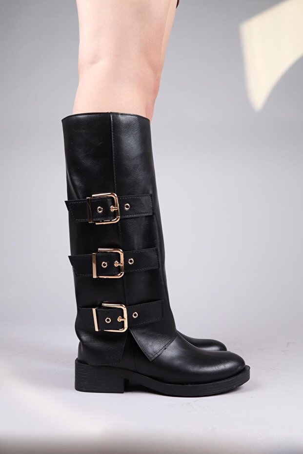 Balrog Gold Belt Accessory Flat Boots Black