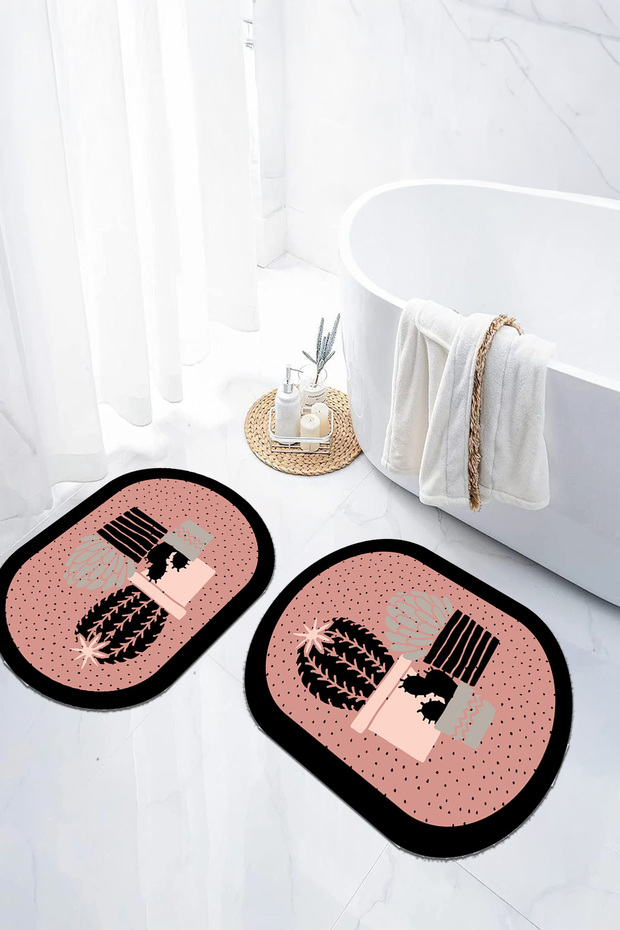Digital Non-Slip Base Washable Cactus Patterned Oval Bath Mat Toilet Set