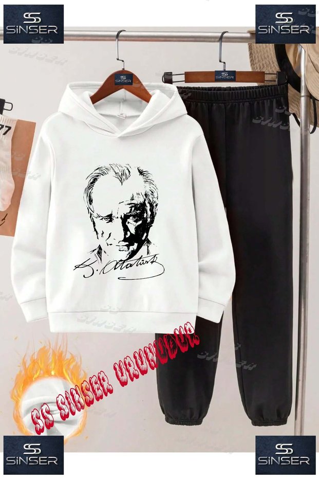 Children's Unisex'Ataturk Signed Black' Special Printed Hooded Tracksuit Set