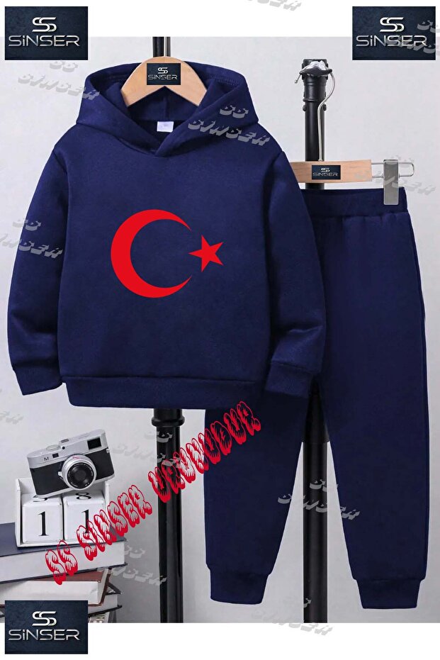 Children's Unisex Special Printed Hooded Tracksuit Set with Moon and Star in Red