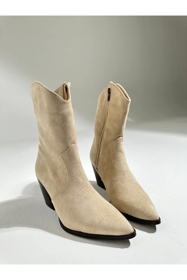 004-755 Beige Suede Women's Heeled Zippered Boots