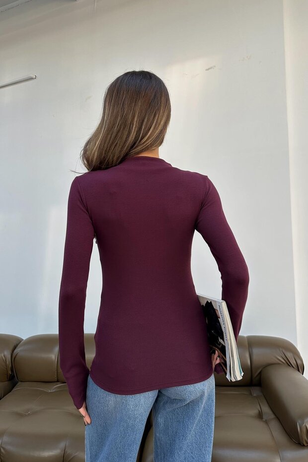 Dik Yaka Basic Bluz Bordo - 5