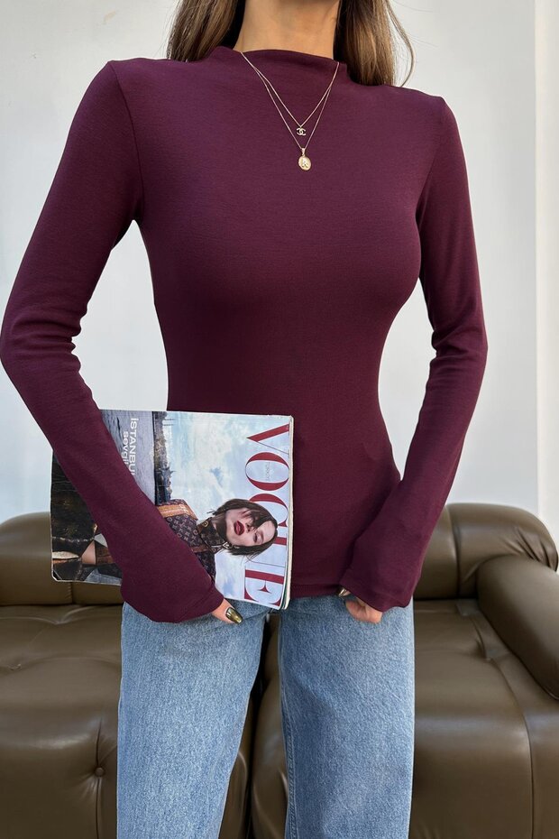 Dik Yaka Basic Bluz Bordo - 8