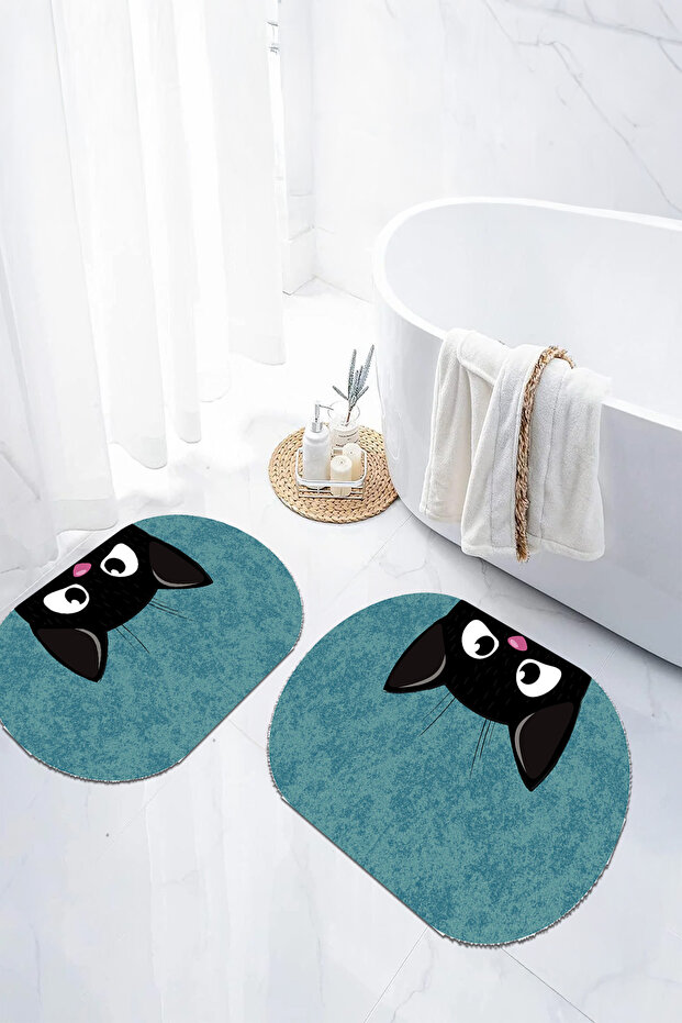 Digital Non-Slip Base Washable Cat Pattern Oval Bath Mat Toilet Set