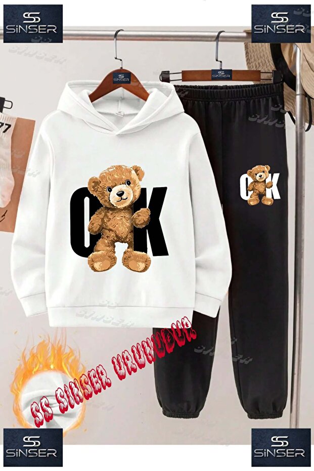 Children's Unisex Special Printed Hooded Tracksuit Set with the Slogan "Bear Ok Black"