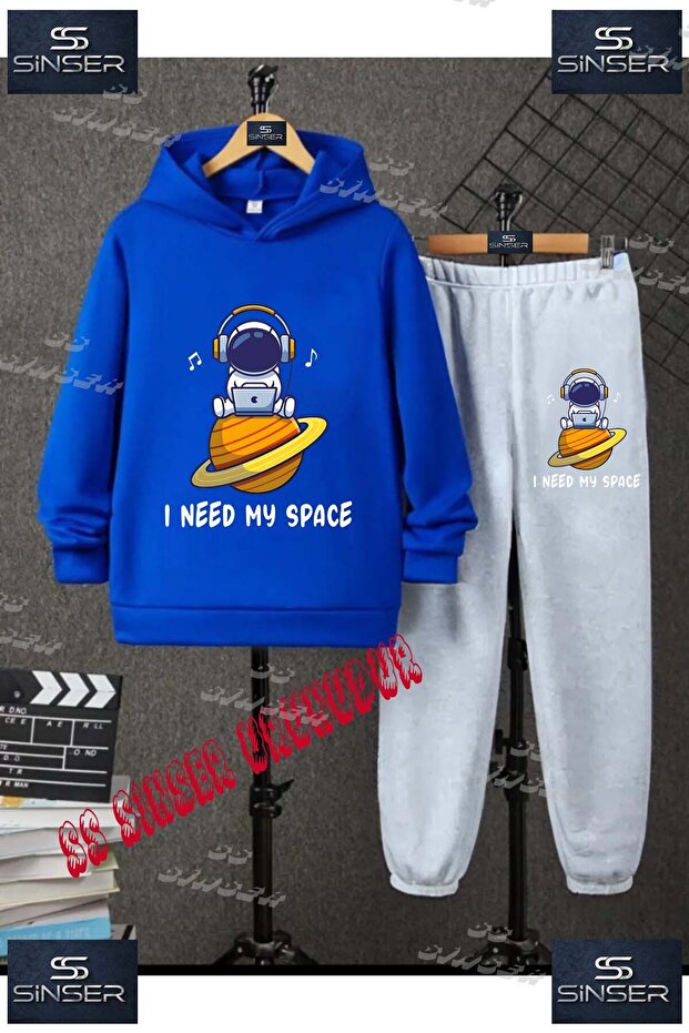 Children's Unisex Special Printed Hooded Tracksuit Set with the Text: "Astronaut Space Planet Above It".