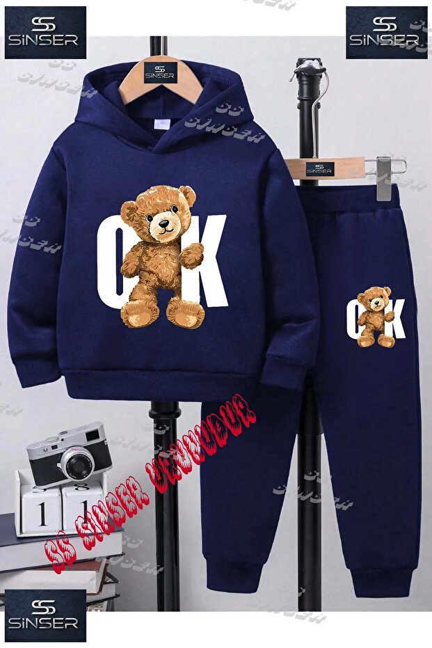Children's Unisex Special Printed Hooded Tracksuit Set with the Slogan "Bear with White Arrows".