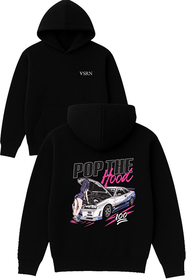 Mechanic Women Design Printed Oversized Black Hooded Sweatshirt