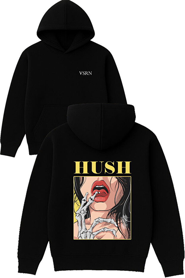 Hush Design Printed Oversize Black Hooded Sweatshirt