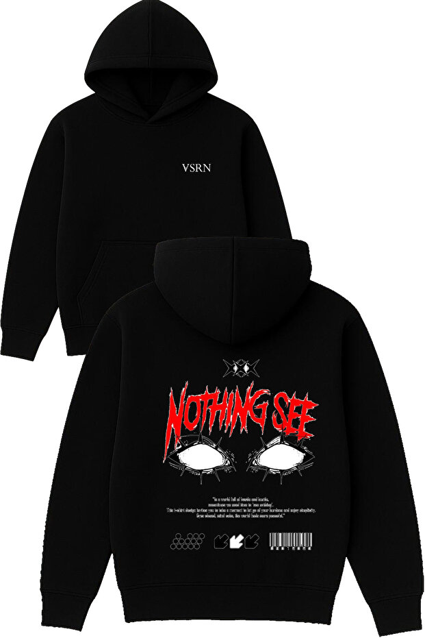 Nothing See Design Printed Oversized Black Hooded Sweatshirt