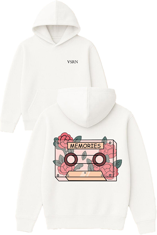 Memories 1 Design Printed Oversized White Hooded Sweatshirt