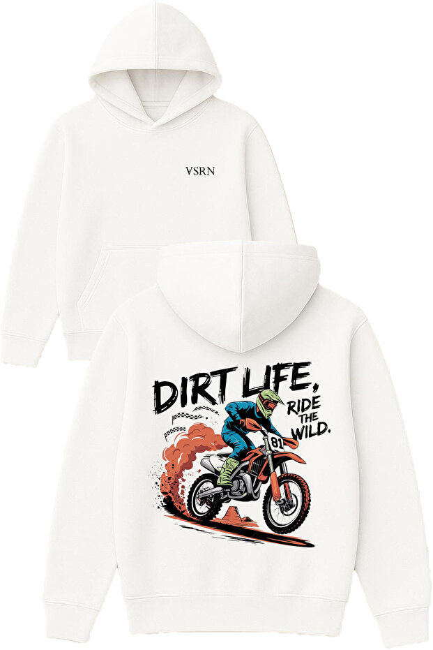 Dirt Life Design Printed Oversized White Hooded Sweatshirt