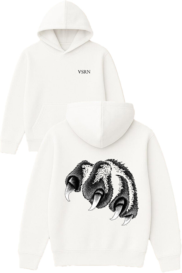 Bear Paw Design Printed Oversized White Hooded Sweatshirt