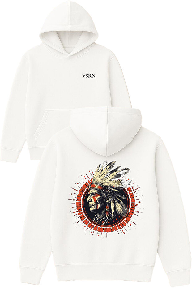 Native American Reis Design Printed Oversized White Hooded Sweatshirt