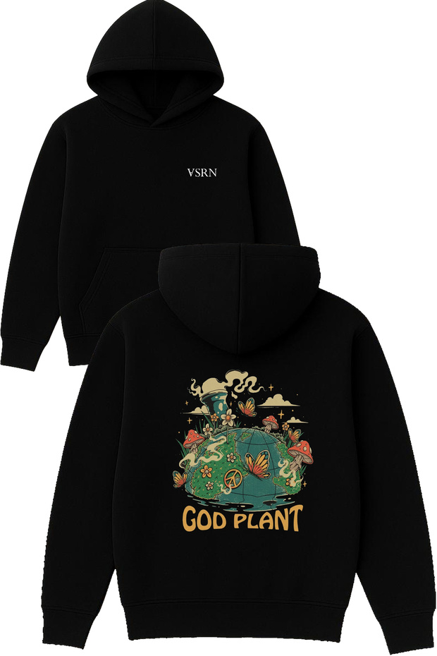 God Plant Design Printed Oversized Black Hooded Sweatshirt