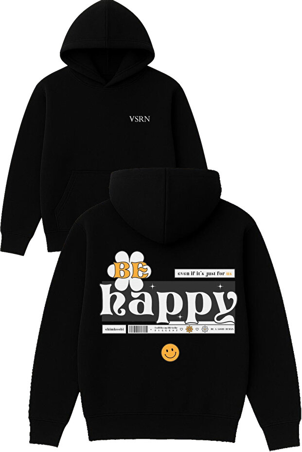Be Happy Design Printed Oversized Black Hooded Sweatshirt