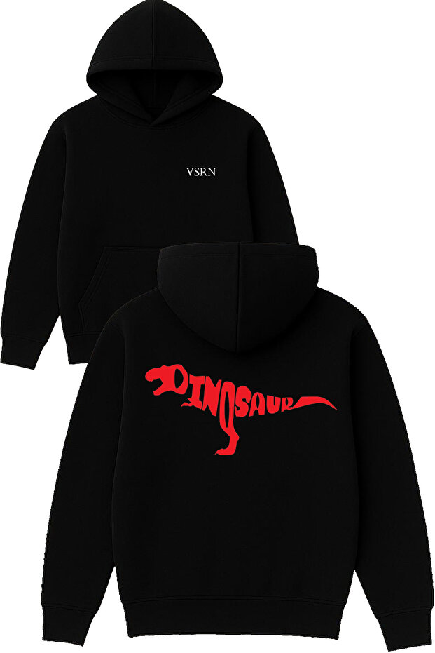 Dınosaur Design Printed Oversized Black Hooded Sweatshirt