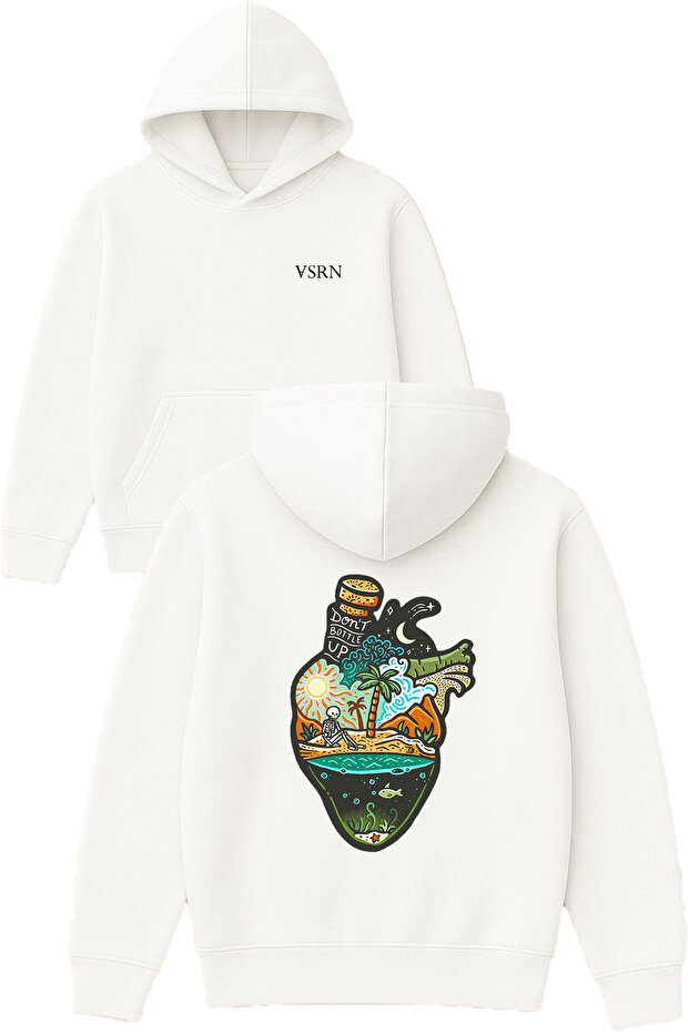 Dont Bottle up Design Printed Oversized White Hooded Sweatshirt