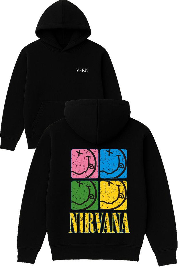 Colorful Nirvana Design Printed Oversized Black Hooded Sweatshirt
