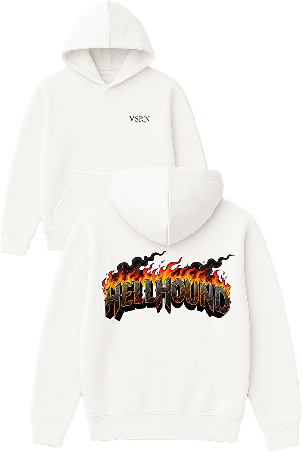 Hellhound Design Printed Oversized White Hooded Sweatshirt