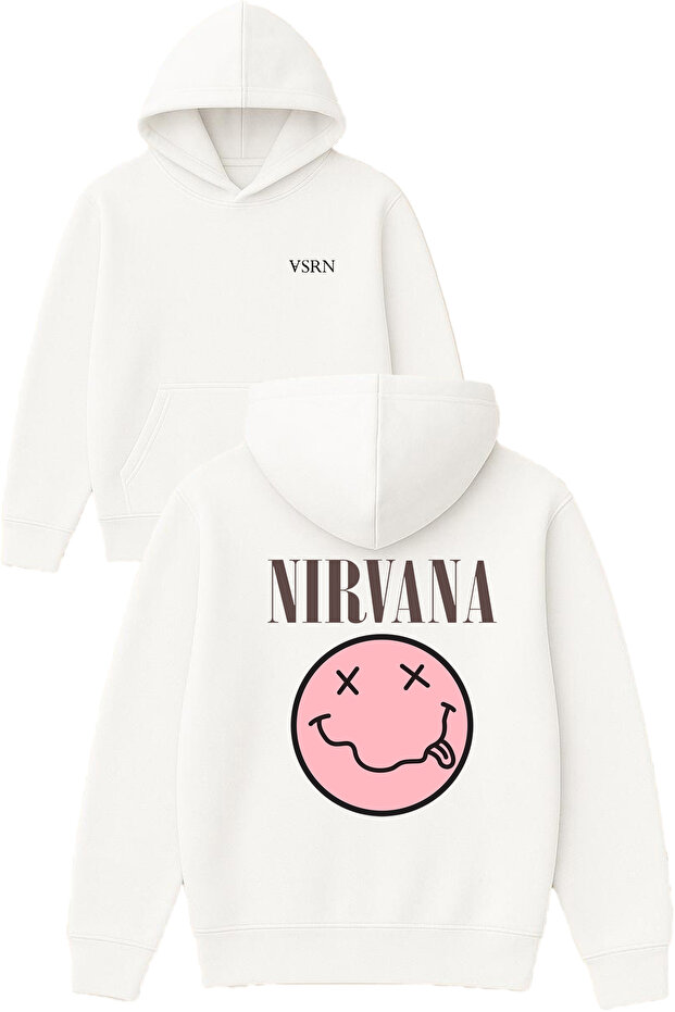Pink Nirvana Design Printed Oversized White Hooded Sweatshirt
