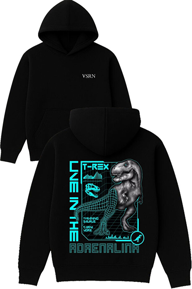 T Rex Design Printed Oversized Black Hooded Sweatshirt