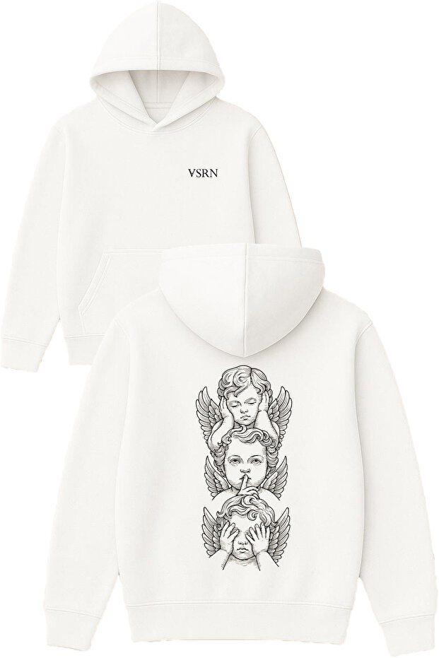 3 Angel Design Printed Oversized White Hooded Sweatshirt