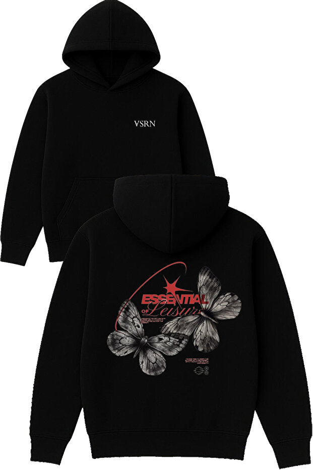 Essentıal Design Printed Oversized Black Hooded Sweatshirt