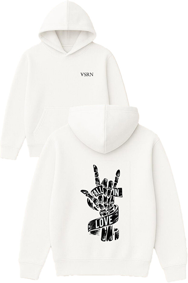 Fall in Love Design Printed Oversized White Hooded Sweatshirt