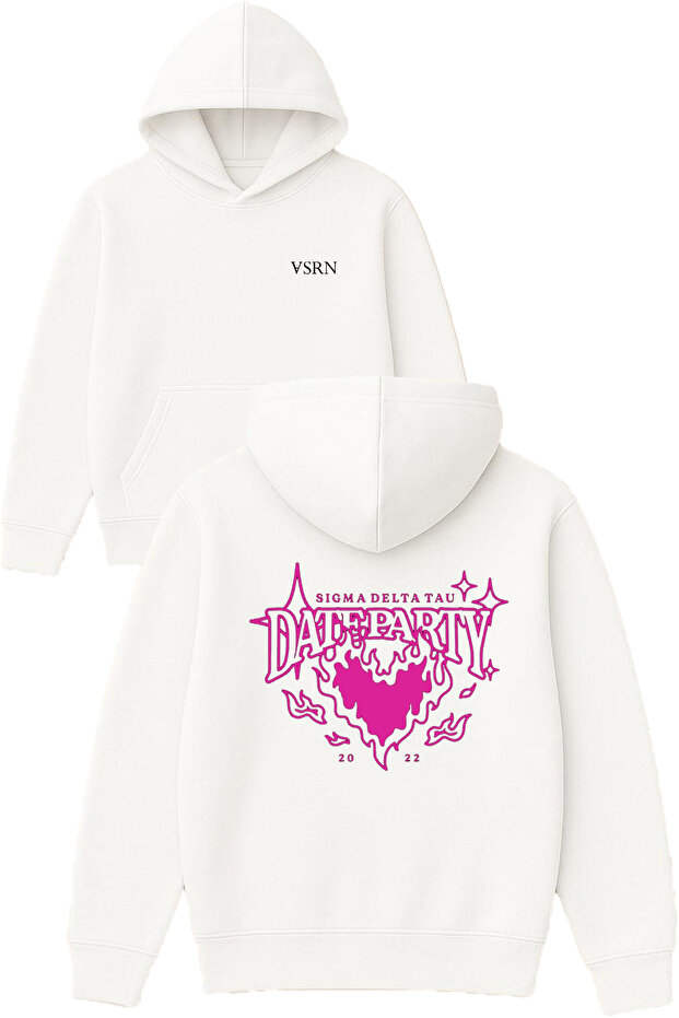 Dateparty Design Printed Oversized White Hooded Sweatshirt