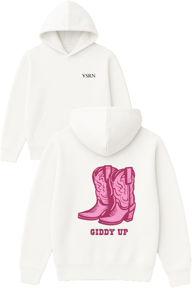 Giddy up Design Printed Oversized White Hooded Sweatshirt