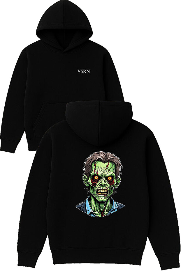 Zombie Design Printed Oversized Black Hooded Sweatshirt