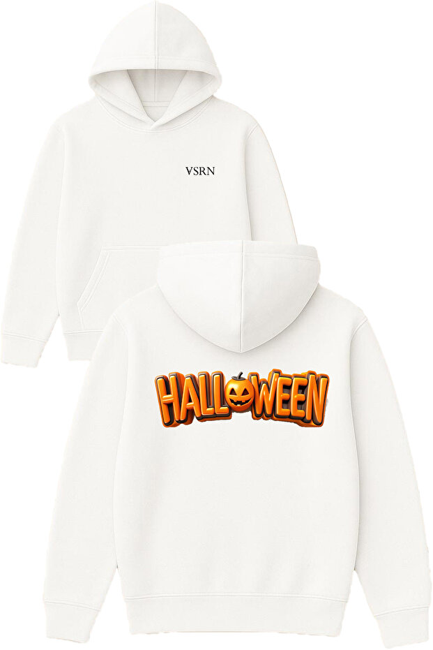 Hallowen Pumpkin Design Printed Oversized White Hooded Sweatshirt