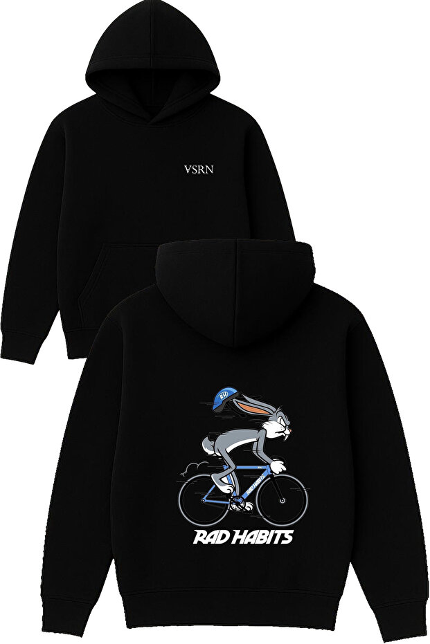 Fast Rabbit Design Printed Oversized Black Hooded Sweatshirt