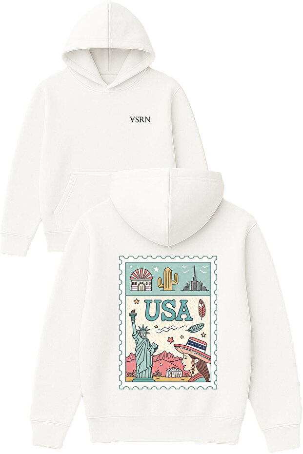 Usa Card Design Printed Oversized White Hooded Sweatshirt