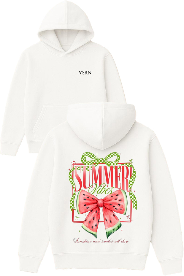 Summer Vibes Watermelon Design Printed Oversized White Hooded Sweatshirt