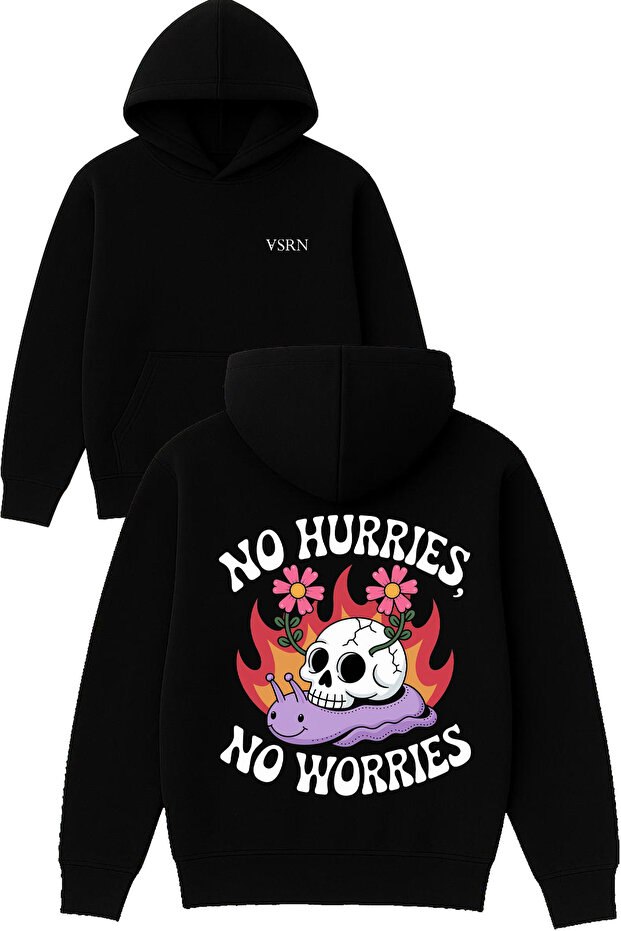 No Hurrıes Design Printed Oversized Black Hooded Sweatshirt